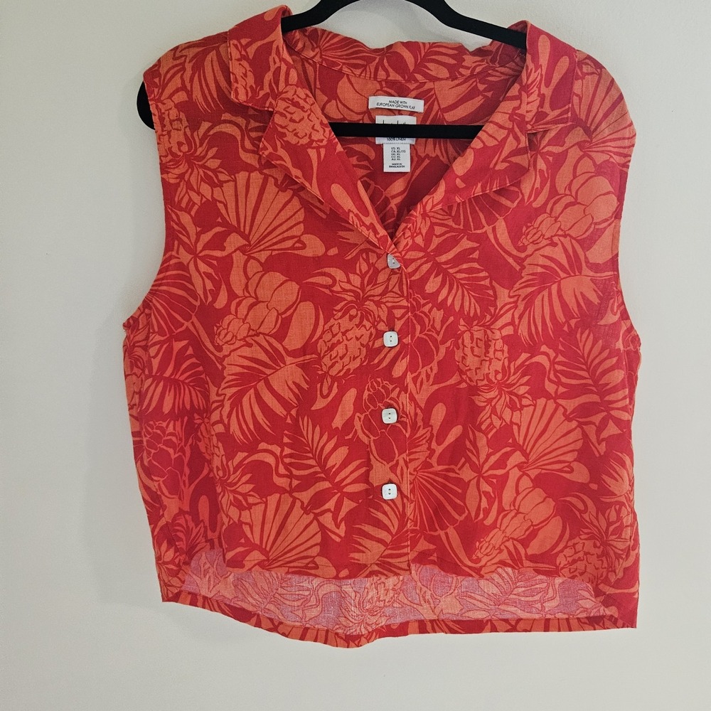 NWOT Nicole Miller Floral Button Front Sleeveless Linen Top XL Red Orange Vaca